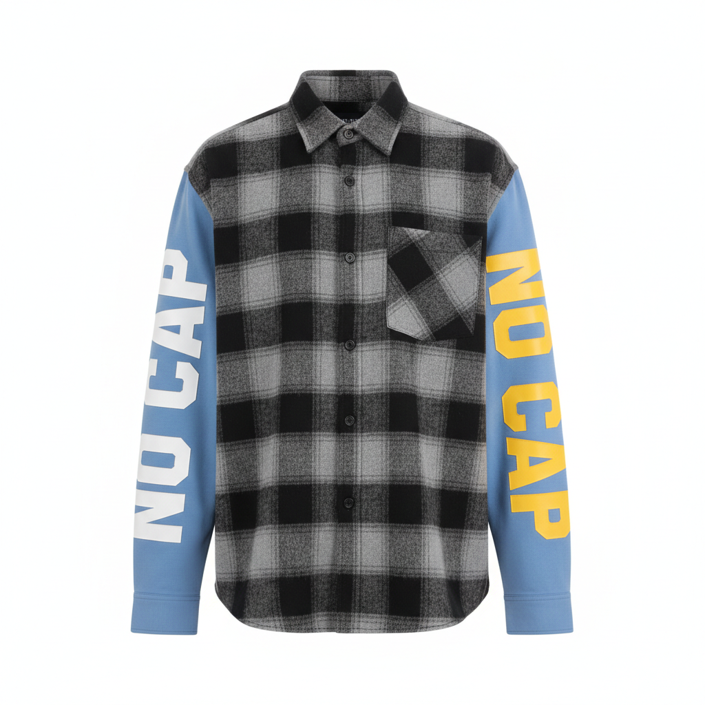 NO CAP Flannel Shirt - Gray/Black Plaid Baby Blue Sleeves