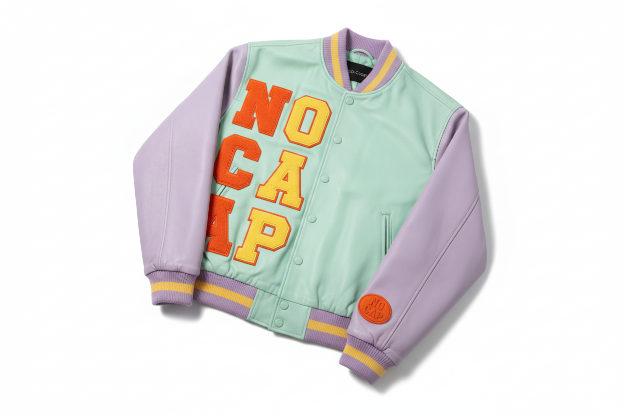 Pastel Mint & Lavender Letterman - Orange/Yellow Letters