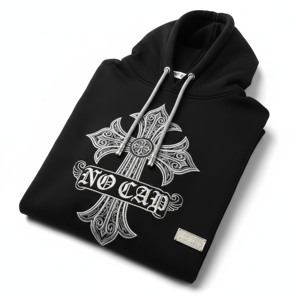 NO CAP Gothic Cross Hoodie - Chrome Hearts Style