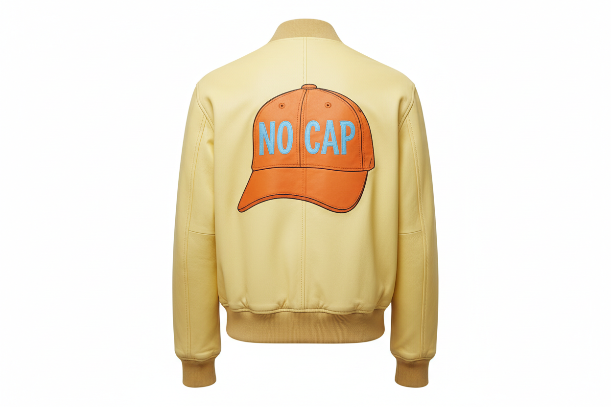 Pastel Yellow Leather Jacket - Back with Orange Cap & Baby Blue Text